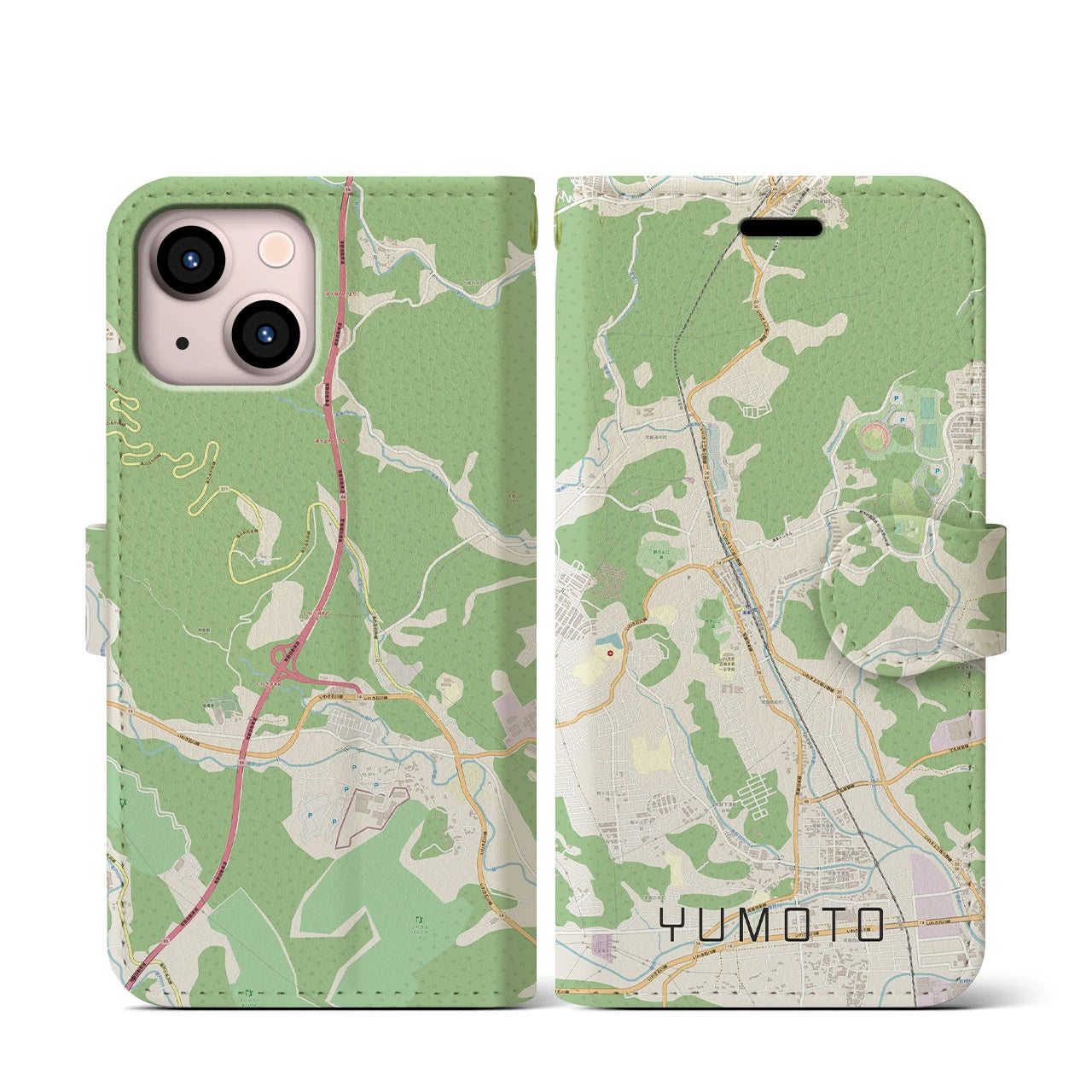 【湯本(福島県)】地図柄iPhoneケース(手帳タイプ)ナチュラル・iPhone 13 mini 用