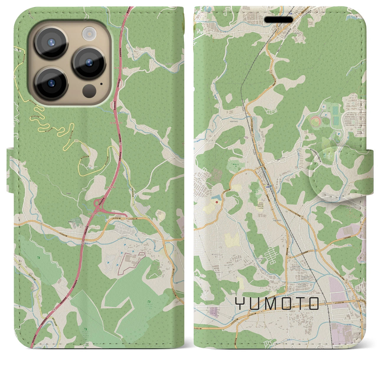 【湯本(福島県)】地図柄iPhoneケース(手帳タイプ)ナチュラル・iPhone 14 Pro Max 用