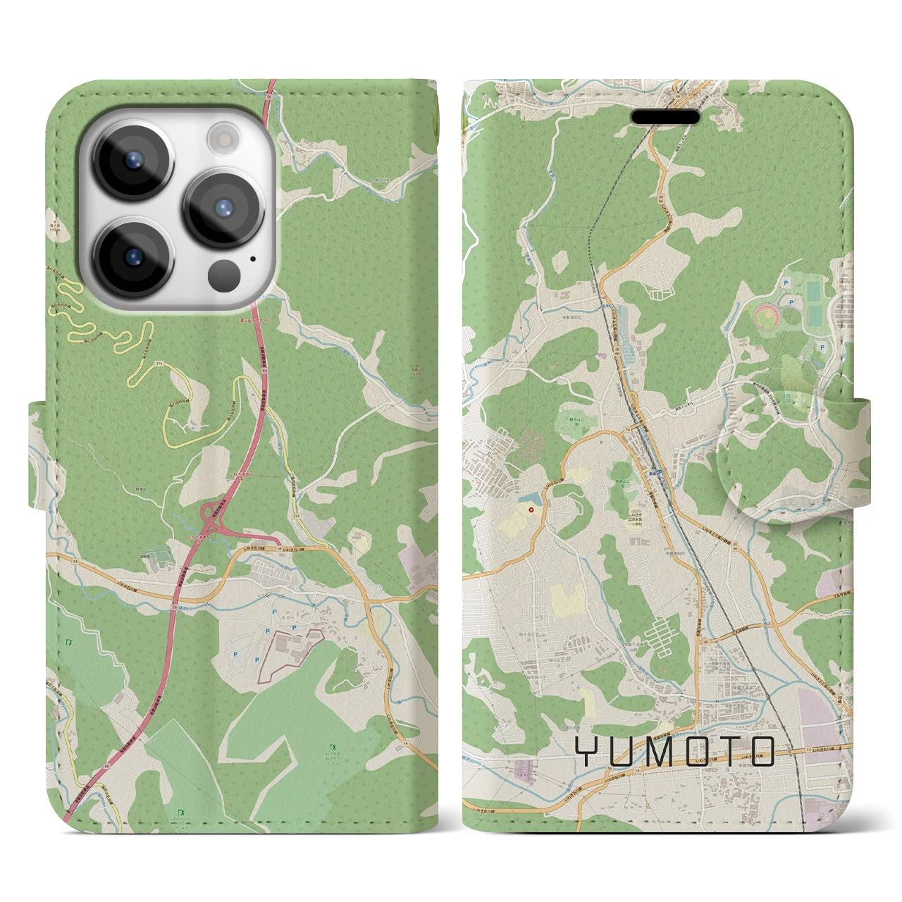 【湯本(福島県)】地図柄iPhoneケース(手帳タイプ)ナチュラル・iPhone 14 Pro 用