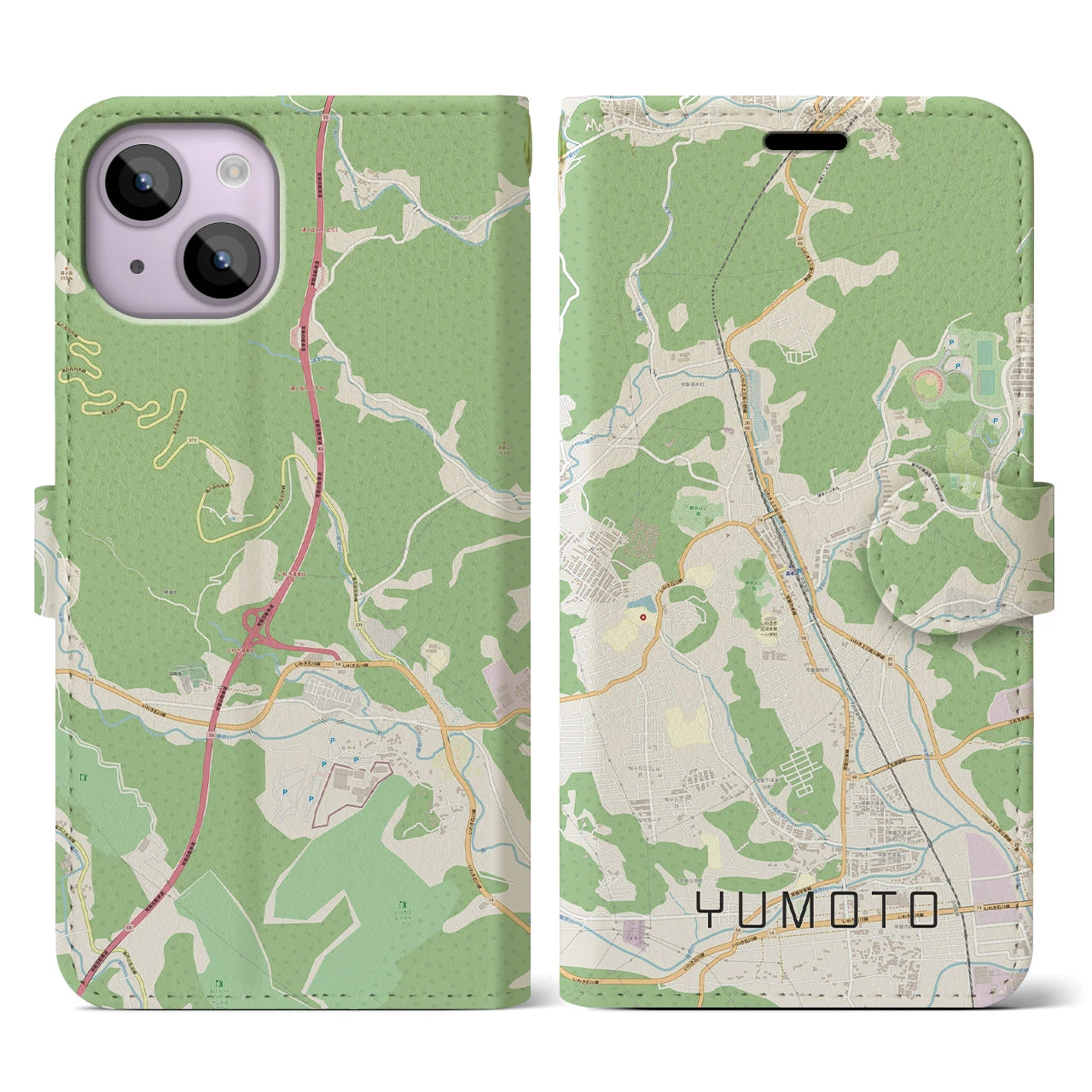 【湯本(福島県)】地図柄iPhoneケース(手帳タイプ)ナチュラル・iPhone 14 用