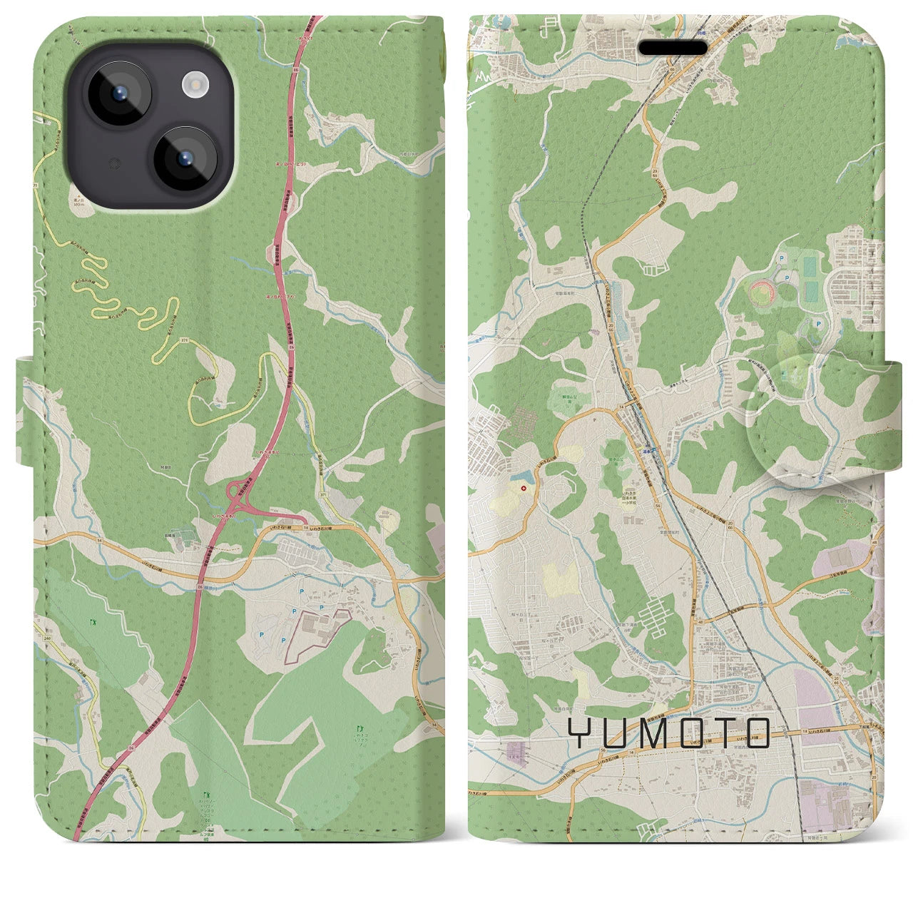 【湯本(福島県)】地図柄iPhoneケース(手帳タイプ)ナチュラル・iPhone 14 Plus 用