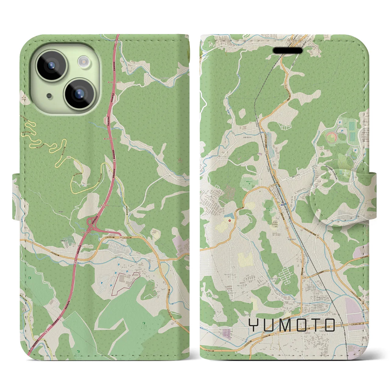 【湯本(福島県)】地図柄iPhoneケース(手帳タイプ)ナチュラル・iPhone 15 用