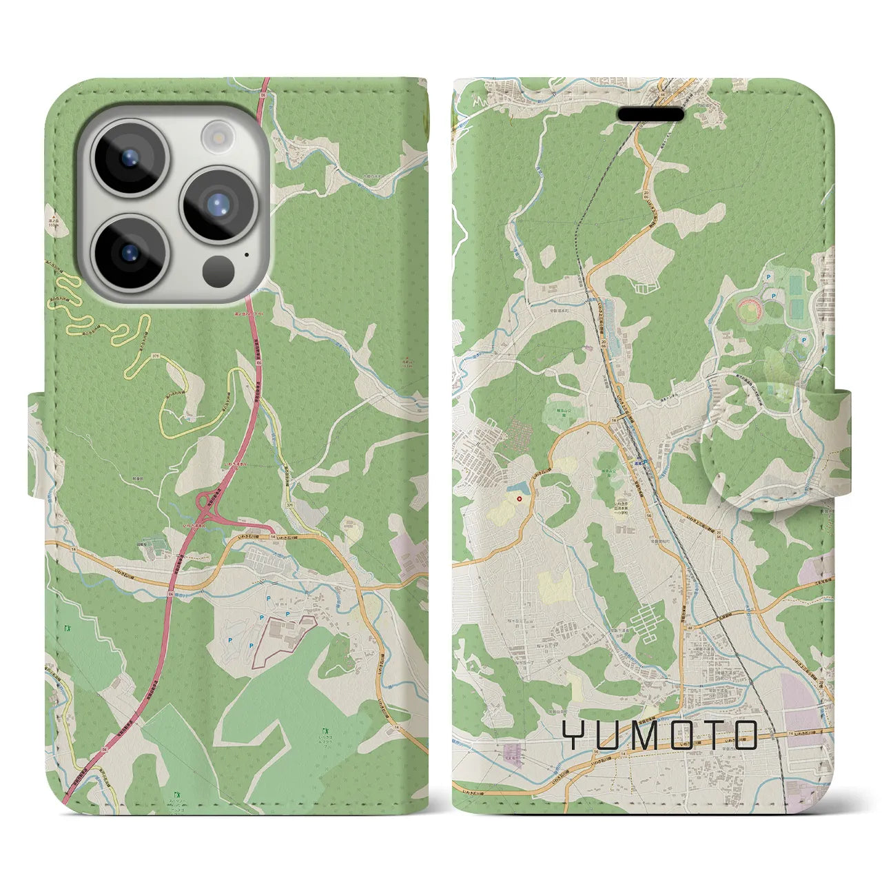 【湯本(福島県)】地図柄iPhoneケース(手帳タイプ)ナチュラル・iPhone 15 Pro 用