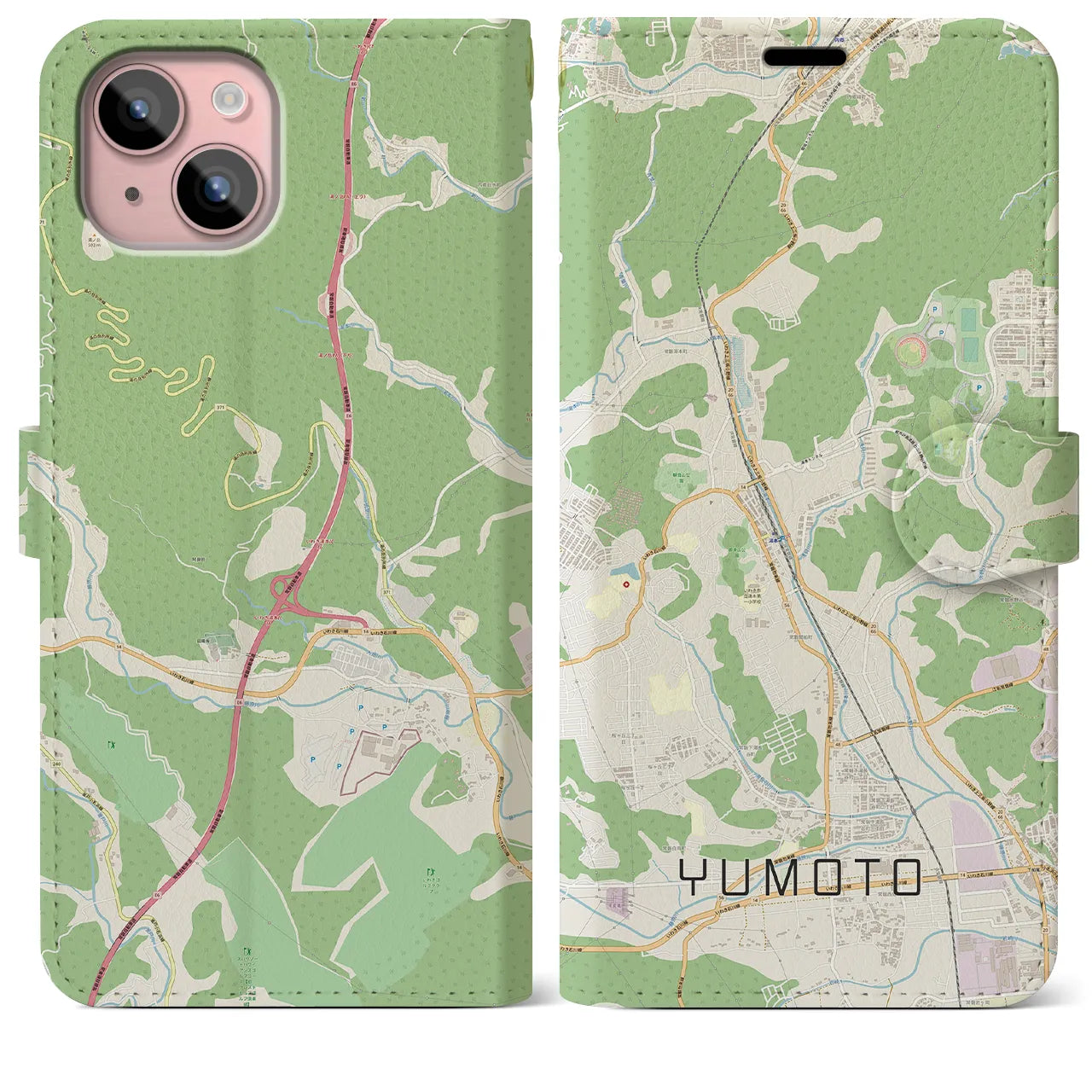 【湯本(福島県)】地図柄iPhoneケース(手帳タイプ)ナチュラル・iPhone 15 Plus 用