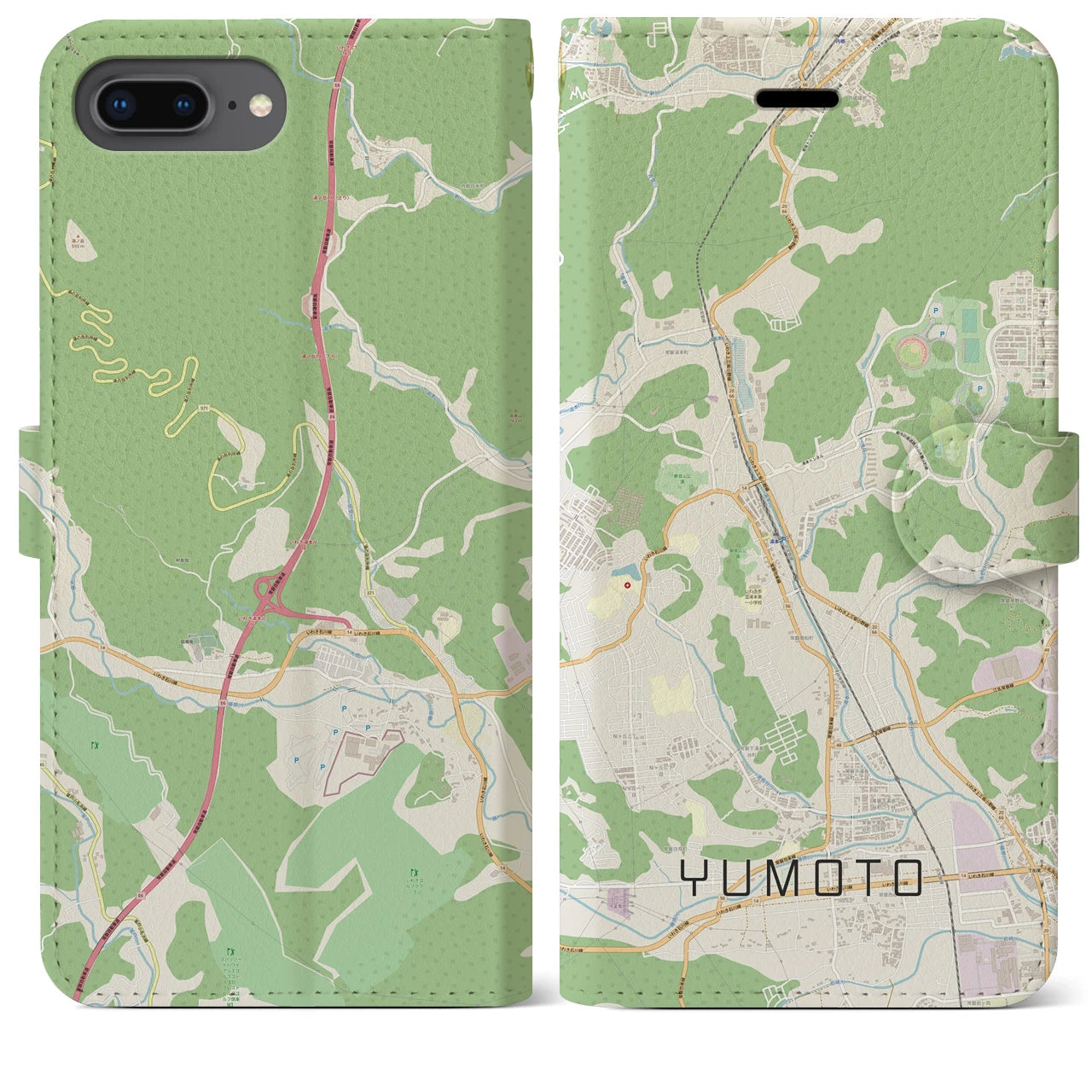 【湯本(福島県)】地図柄iPhoneケース(手帳タイプ)ナチュラル・iPhone 8Plus /7Plus / 6sPlus / 6Plus 用