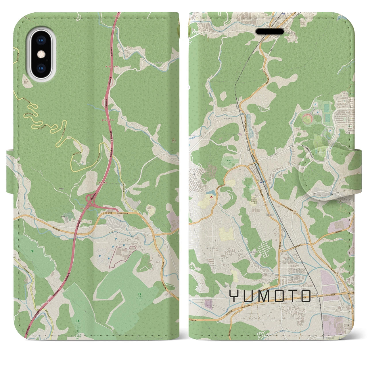 【湯本(福島県)】地図柄iPhoneケース(手帳タイプ)ナチュラル・iPhone XS Max 用