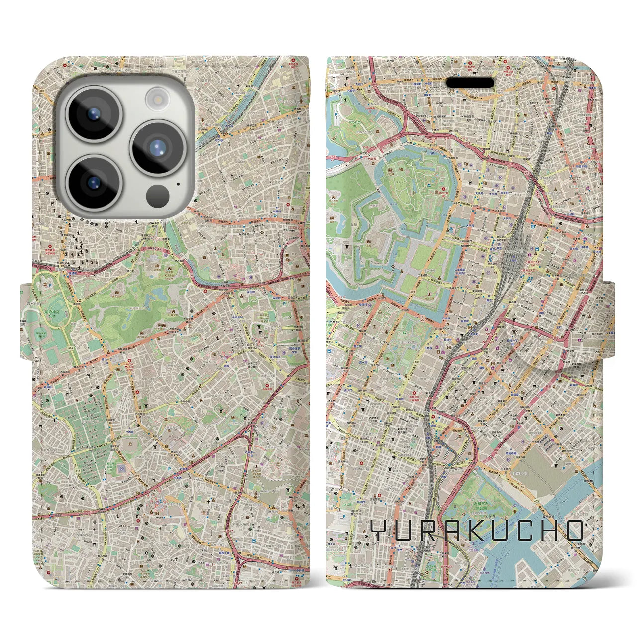 【有楽町(東京都)】地図柄iPhoneケース(手帳タイプ)ナチュラル・iPhone 15 Pro 用