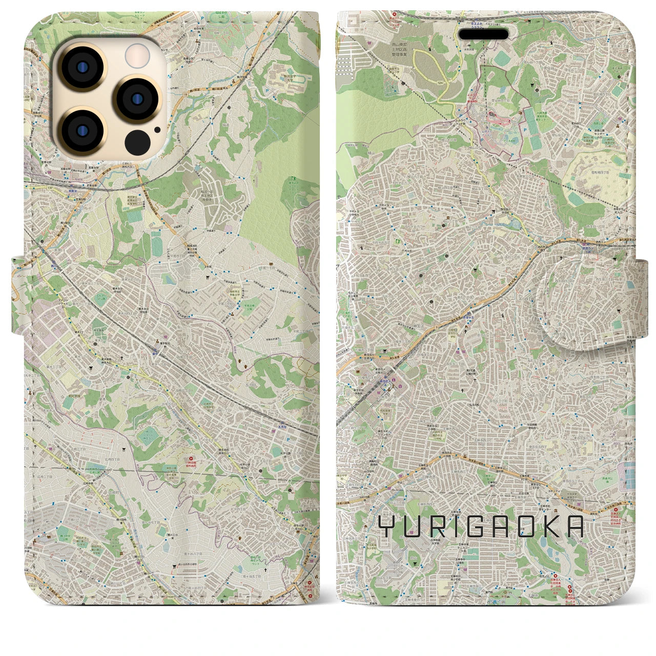 【百合ヶ丘(神奈川県)】地図柄iPhoneケース(手帳タイプ)ナチュラル・iPhone 12 Pro Max 用