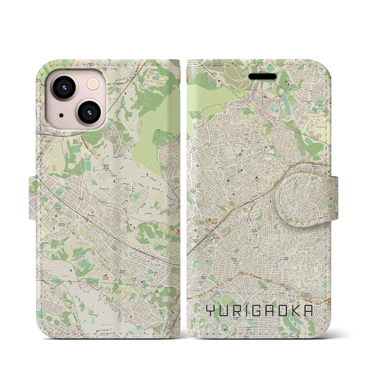 【百合ヶ丘(神奈川県)】地図柄iPhoneケース(手帳タイプ)ナチュラル・iPhone 13 mini 用
