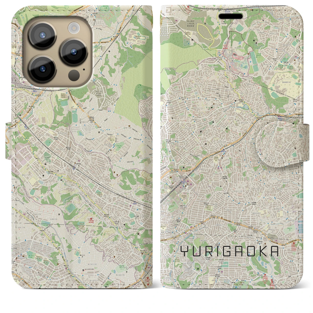 【百合ヶ丘(神奈川県)】地図柄iPhoneケース(手帳タイプ)ナチュラル・iPhone 14 Pro Max 用