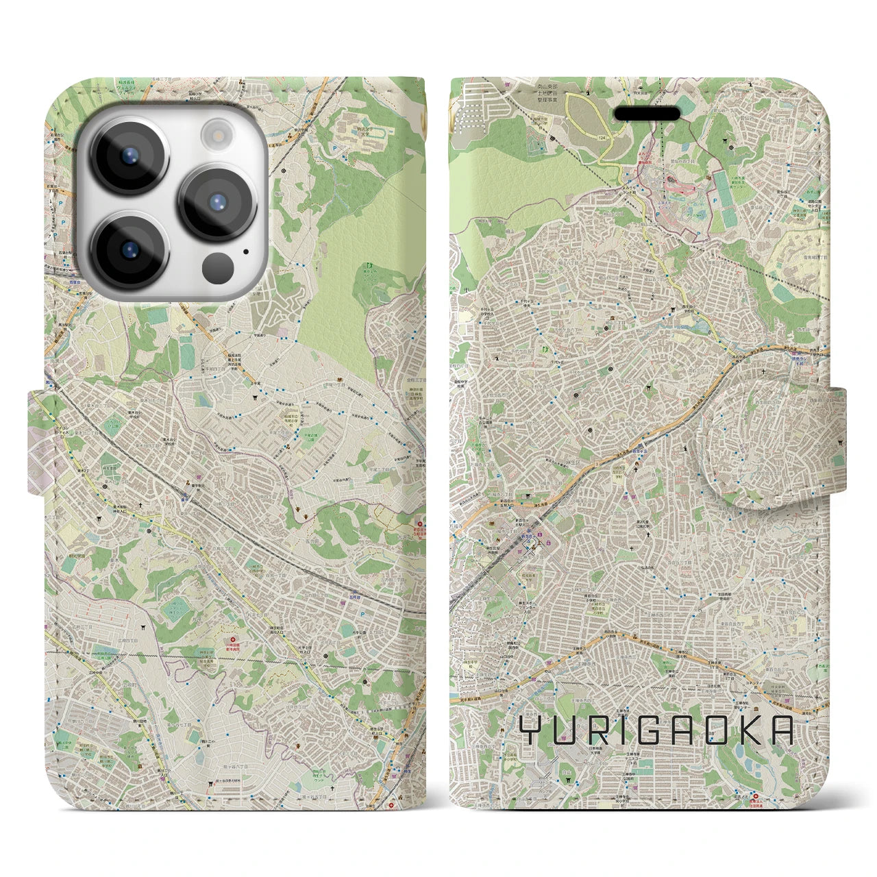 【百合ヶ丘(神奈川県)】地図柄iPhoneケース(手帳タイプ)ナチュラル・iPhone 14 Pro 用