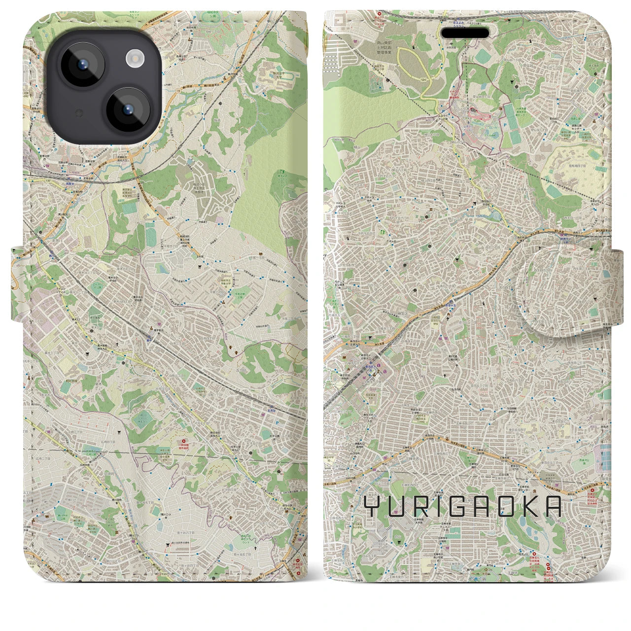 【百合ヶ丘(神奈川県)】地図柄iPhoneケース(手帳タイプ)ナチュラル・iPhone 14 Plus 用