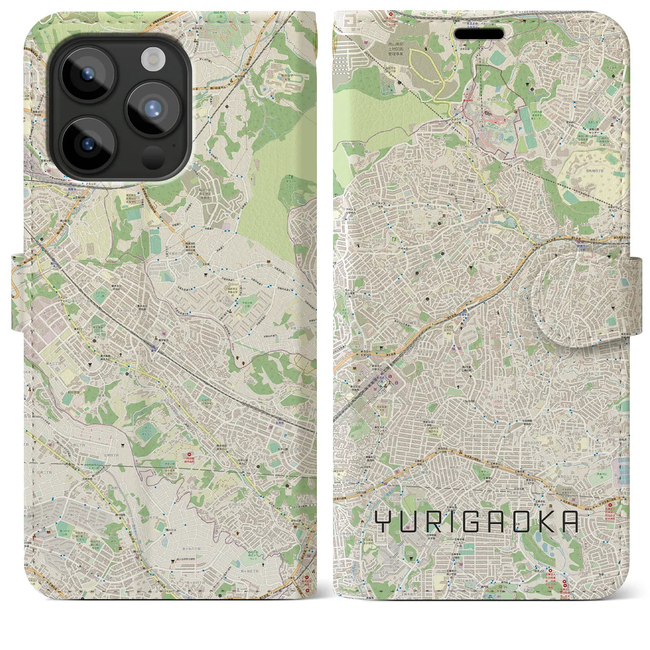 【百合ヶ丘(神奈川県)】地図柄iPhoneケース(手帳タイプ)ナチュラル・iPhone 15 Pro Max 用