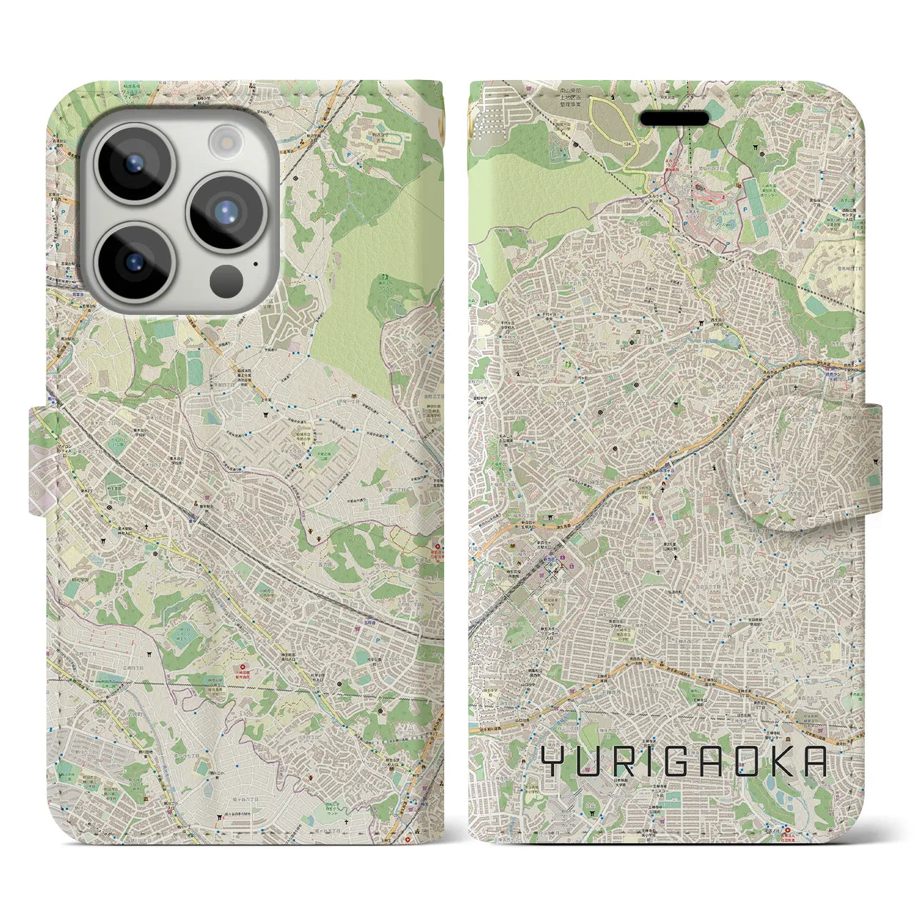 【百合ヶ丘(神奈川県)】地図柄iPhoneケース(手帳タイプ)ナチュラル・iPhone 15 Pro 用