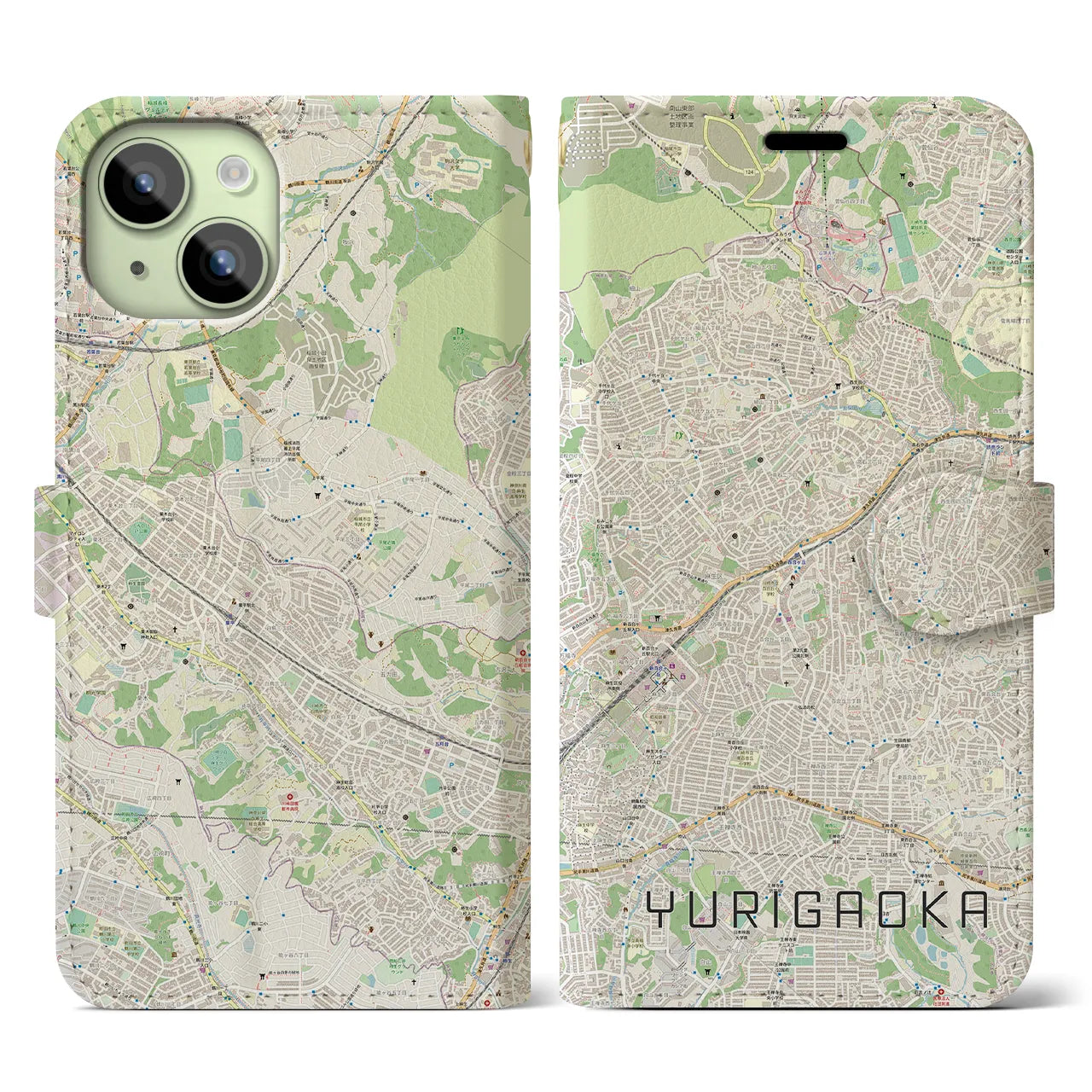 【百合ヶ丘(神奈川県)】地図柄iPhoneケース(手帳タイプ)ナチュラル・iPhone 15 用