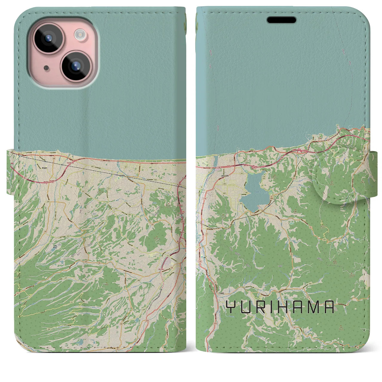 【湯梨浜(鳥取県)】地図柄iPhoneケース(手帳タイプ)ナチュラル・iPhone 15 Plus 用