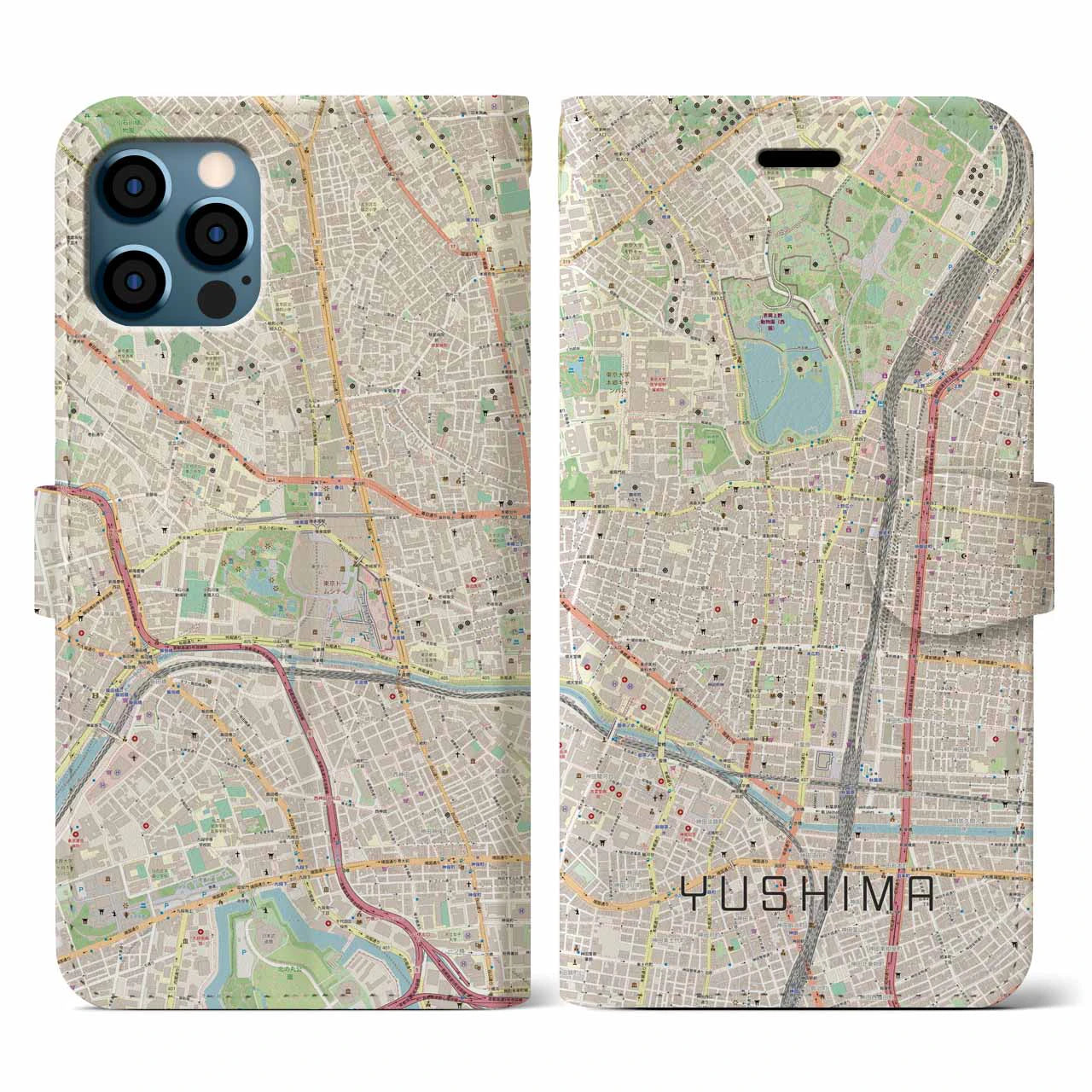 【湯島(東京都)】地図柄iPhoneケース(手帳タイプ)ナチュラル・iPhone 12 / 12 Pro 用