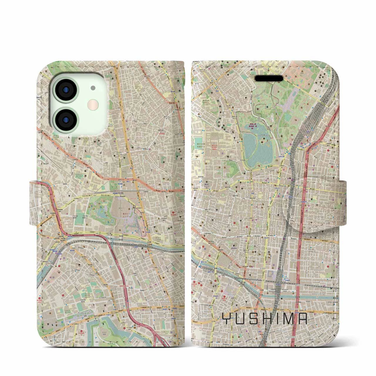 【湯島(東京都)】地図柄iPhoneケース(手帳タイプ)ナチュラル・iPhone 12 mini 用