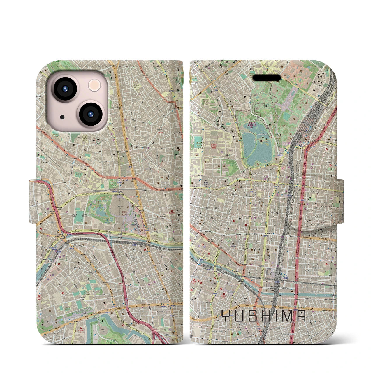 【湯島(東京都)】地図柄iPhoneケース(手帳タイプ)ナチュラル・iPhone 13 mini 用
