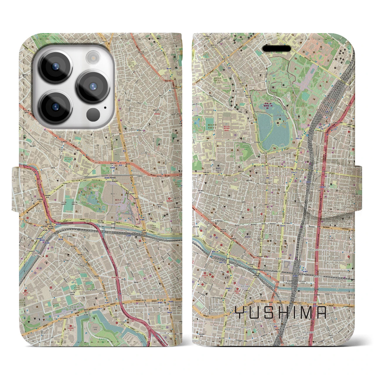 【湯島(東京都)】地図柄iPhoneケース(手帳タイプ)ナチュラル・iPhone 14 Pro 用