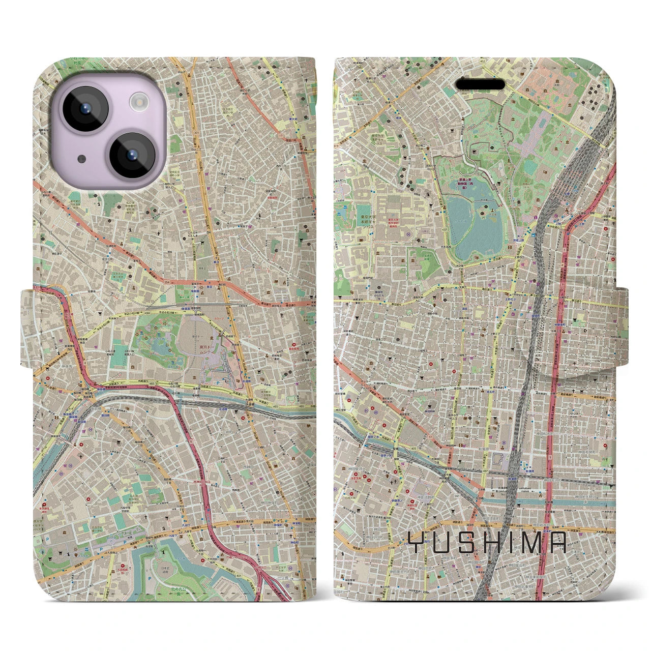 【湯島(東京都)】地図柄iPhoneケース(手帳タイプ)ナチュラル・iPhone 14 用