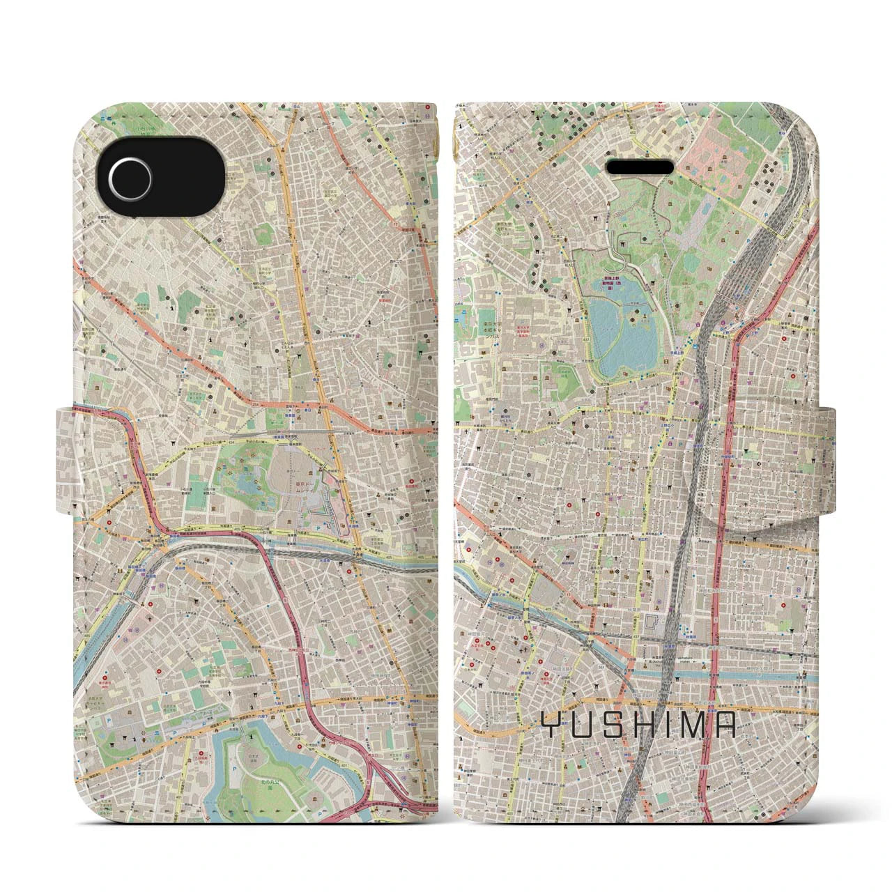 【湯島(東京都)】地図柄iPhoneケース(手帳タイプ)ナチュラル・iPhone SE(第3 / 第2世代) / 8 / 7 / 6s / 6 用