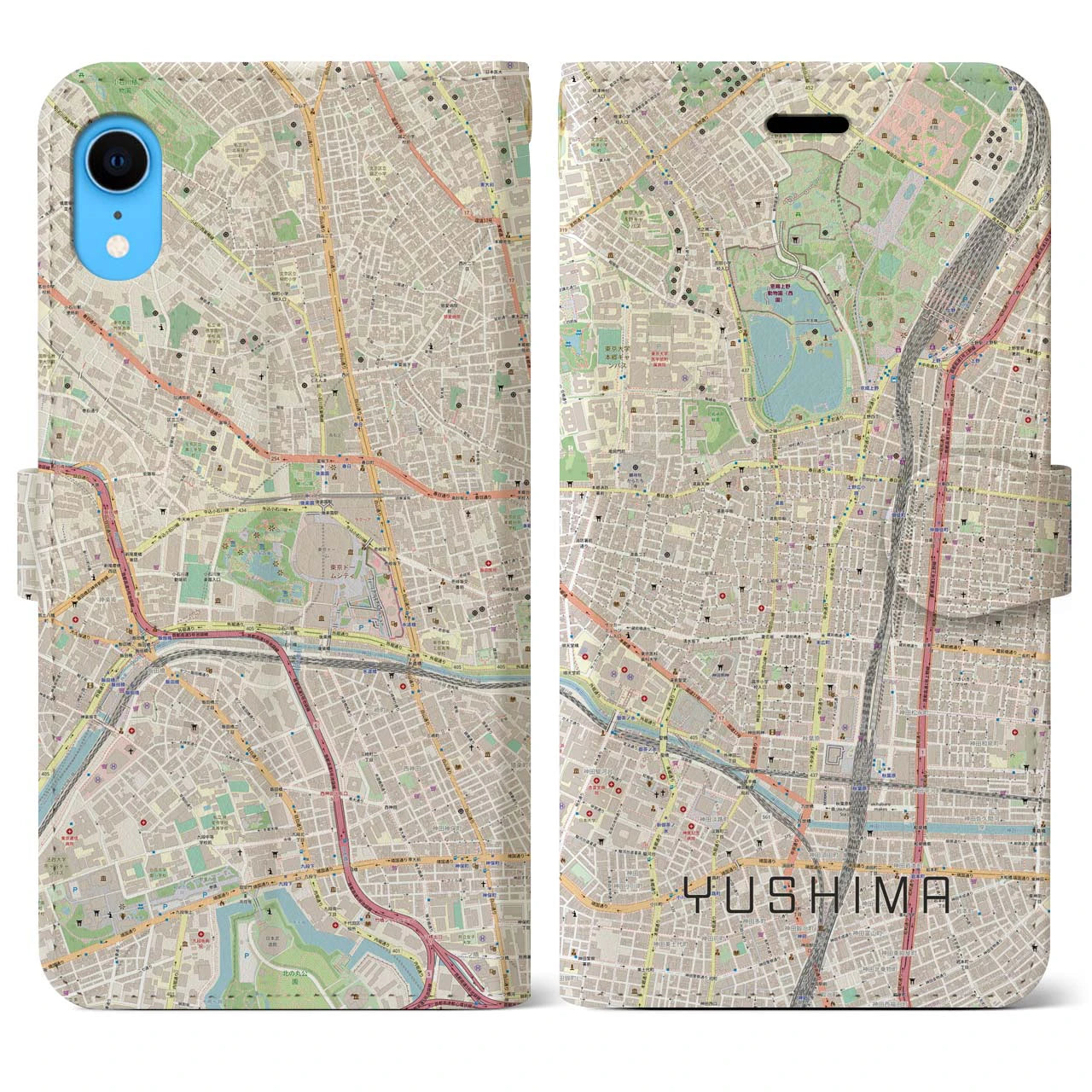 【湯島(東京都)】地図柄iPhoneケース(手帳タイプ)ナチュラル・iPhone XR 用