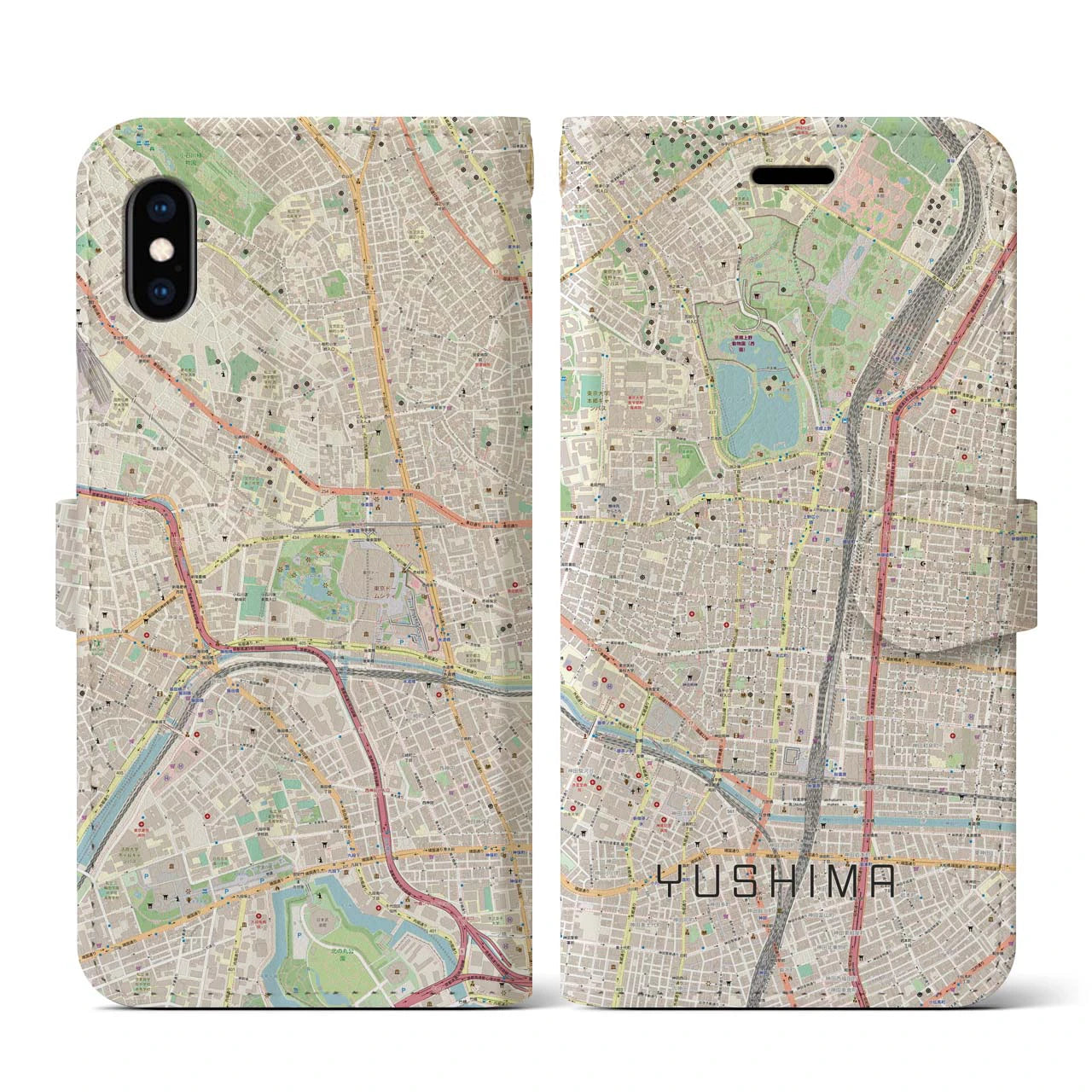 【湯島(東京都)】地図柄iPhoneケース(手帳タイプ)ナチュラル・iPhone XS / X 用
