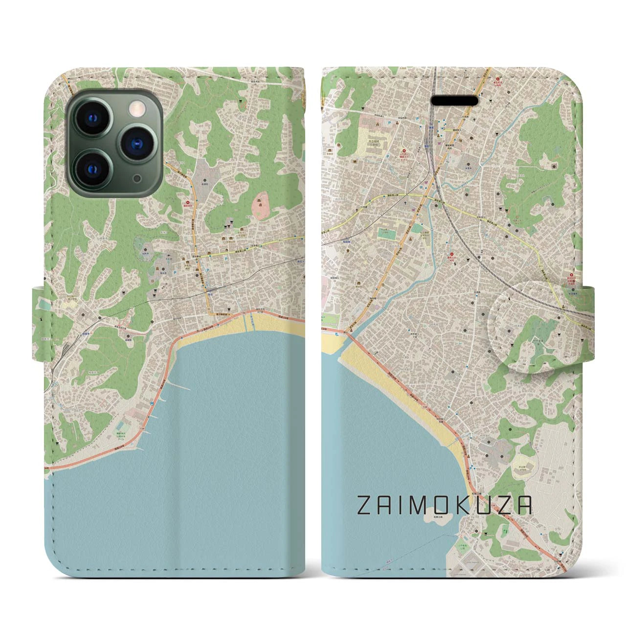 【材木座(神奈川県)】地図柄iPhoneケース(手帳タイプ)ナチュラル・iPhone 11 Pro 用