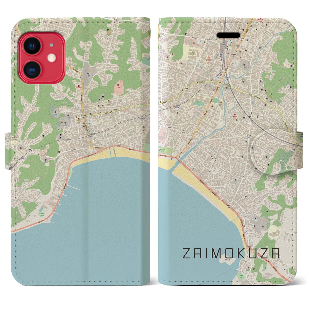 【材木座(神奈川県)】地図柄iPhoneケース(手帳タイプ)ナチュラル・iPhone 11 用