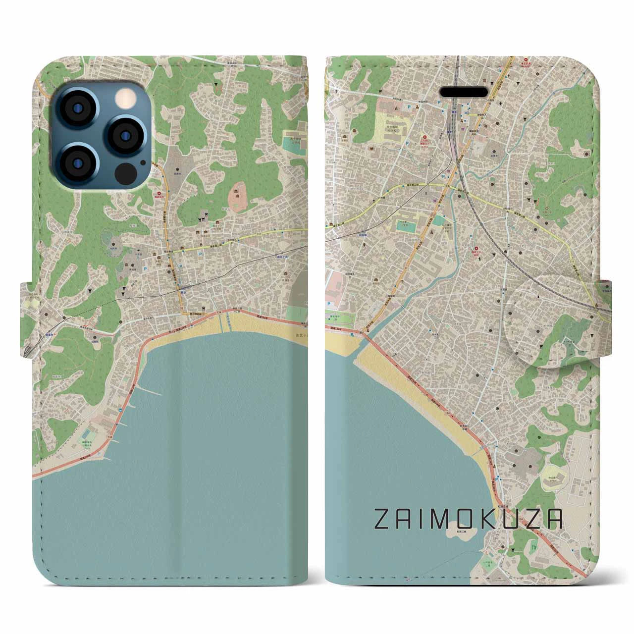 【材木座(神奈川県)】地図柄iPhoneケース(手帳タイプ)ナチュラル・iPhone 12 / 12 Pro 用