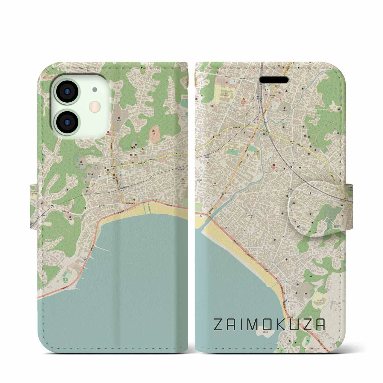 【材木座(神奈川県)】地図柄iPhoneケース(手帳タイプ)ナチュラル・iPhone 12 mini 用