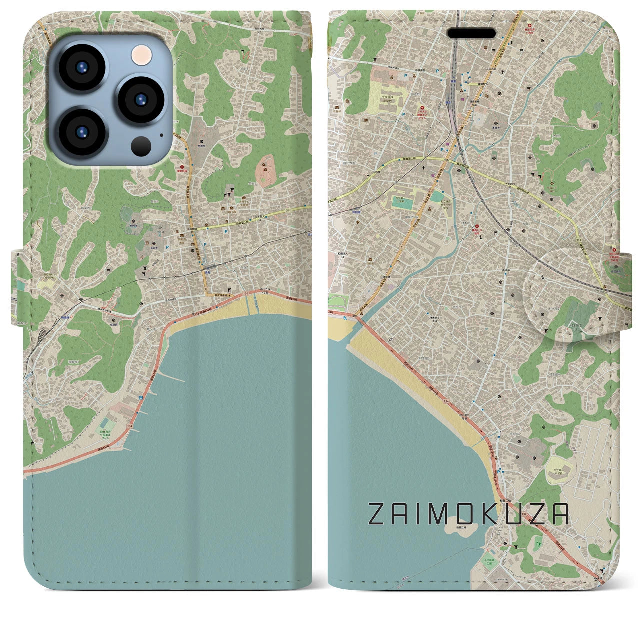 【材木座(神奈川県)】地図柄iPhoneケース(手帳タイプ)ナチュラル・iPhone 13 Pro Max 用