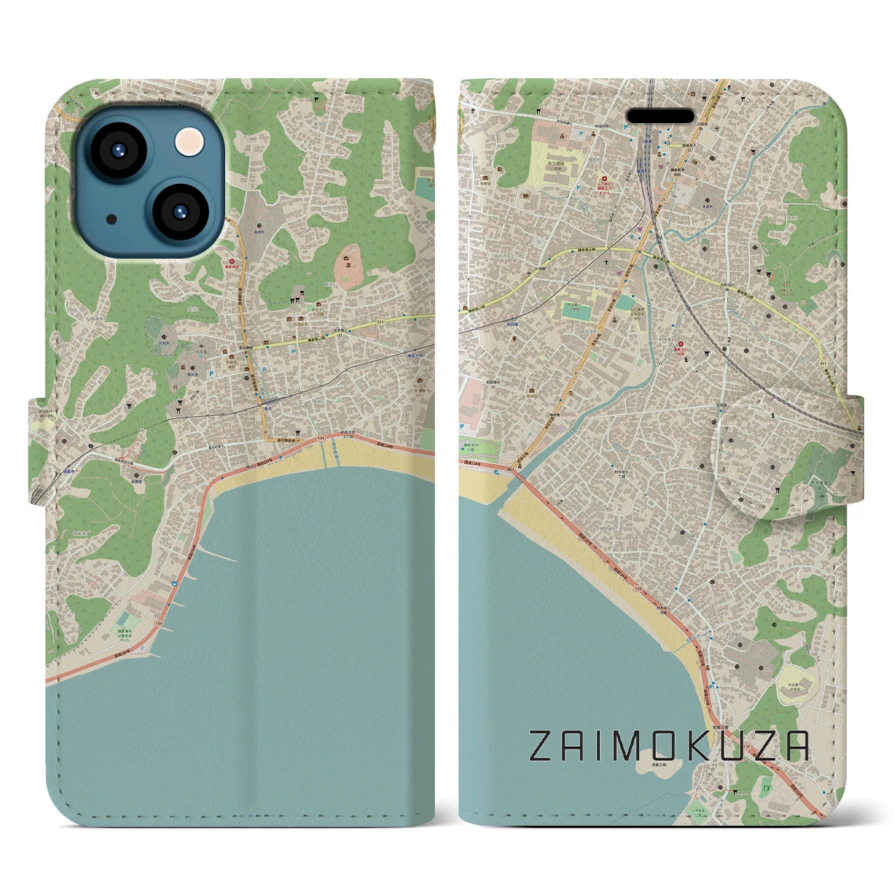 【材木座(神奈川県)】地図柄iPhoneケース(手帳タイプ)ナチュラル・iPhone 13 Pro 用