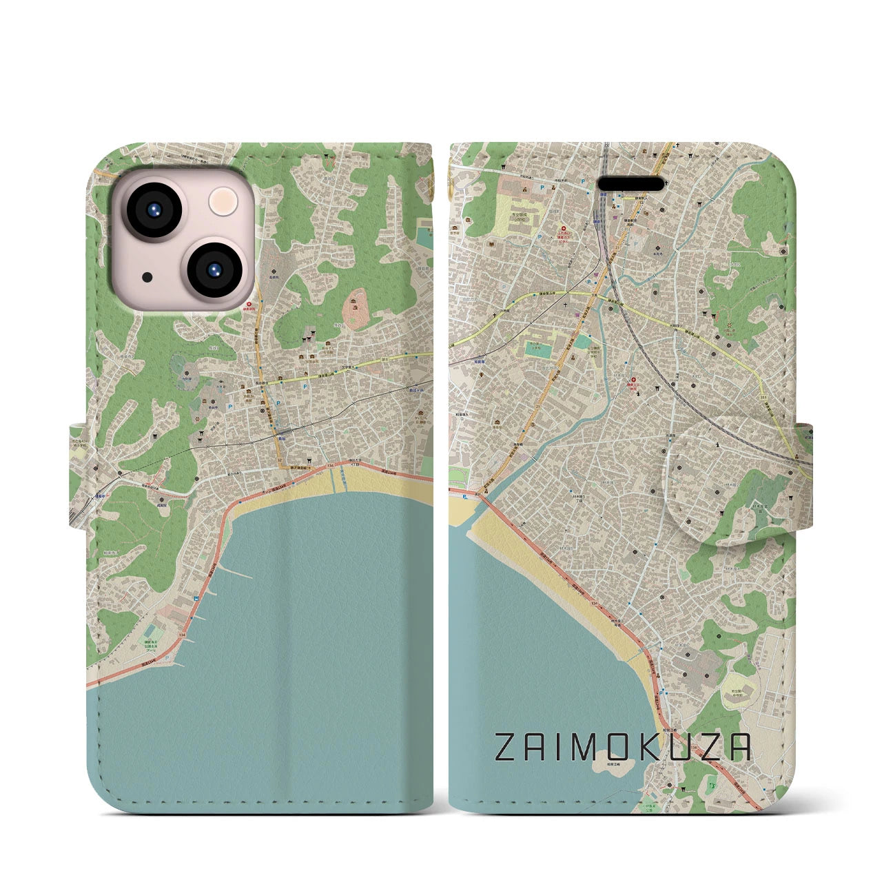 【材木座(神奈川県)】地図柄iPhoneケース(手帳タイプ)ナチュラル・iPhone 13 mini 用