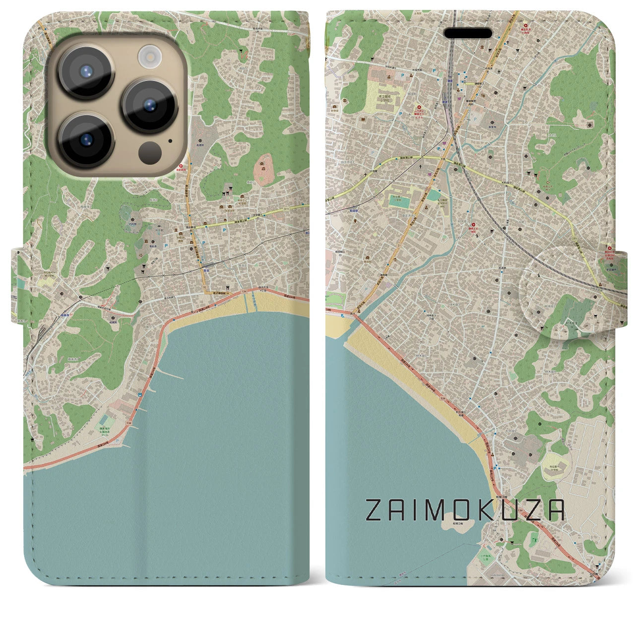 【材木座(神奈川県)】地図柄iPhoneケース(手帳タイプ)ナチュラル・iPhone 14 Pro Max 用
