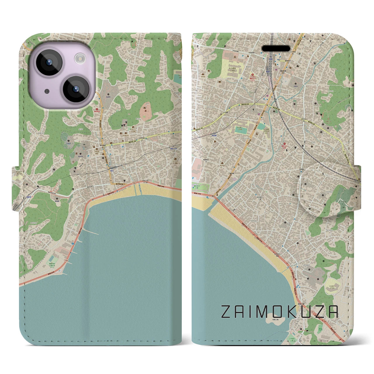 【材木座(神奈川県)】地図柄iPhoneケース(手帳タイプ)ナチュラル・iPhone 14 用