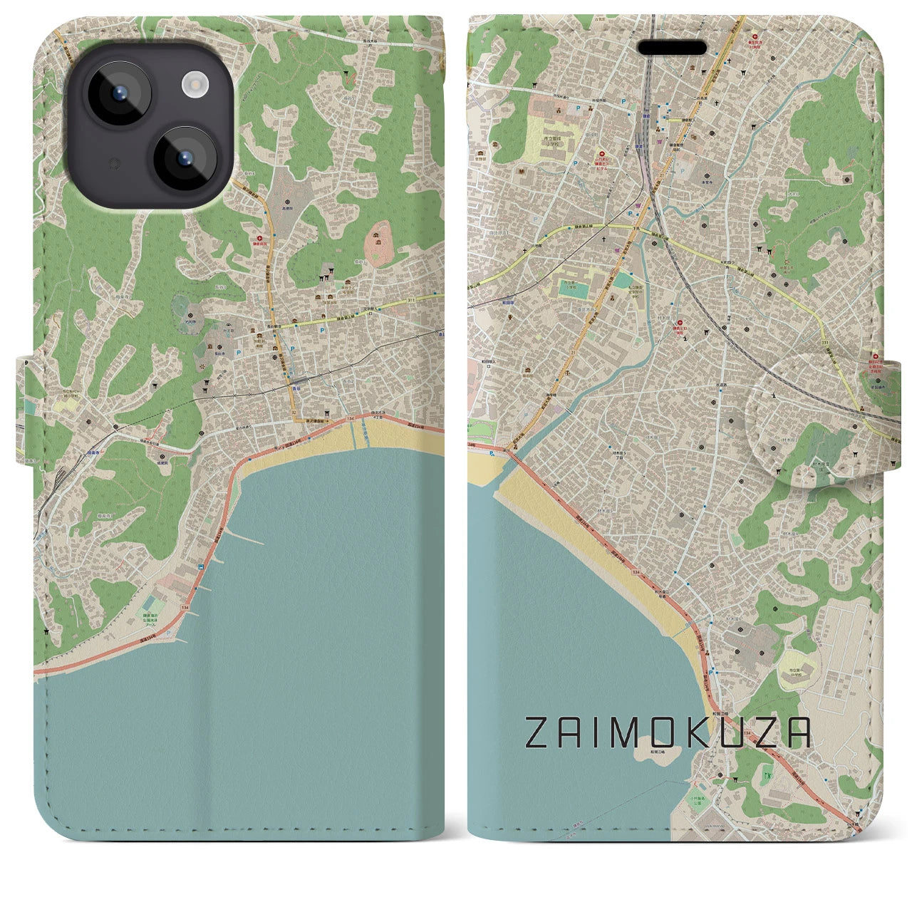 【材木座(神奈川県)】地図柄iPhoneケース(手帳タイプ)ナチュラル・iPhone 14 Plus 用
