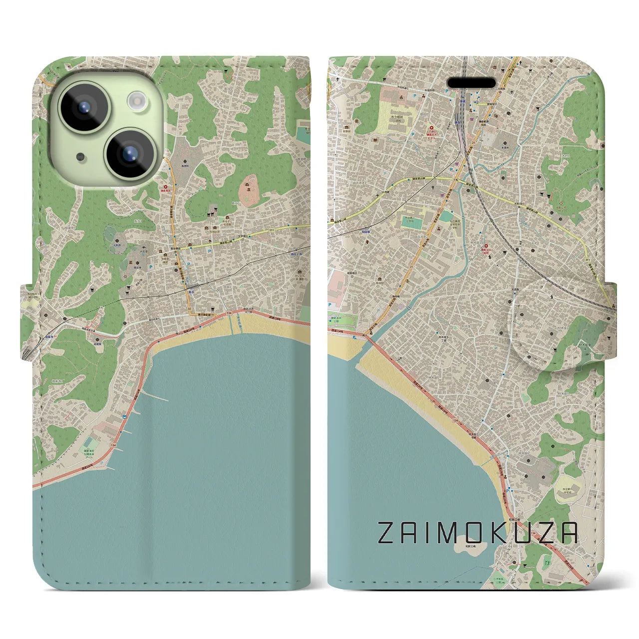 【材木座(神奈川県)】地図柄iPhoneケース(手帳タイプ)ナチュラル・iPhone 15 用