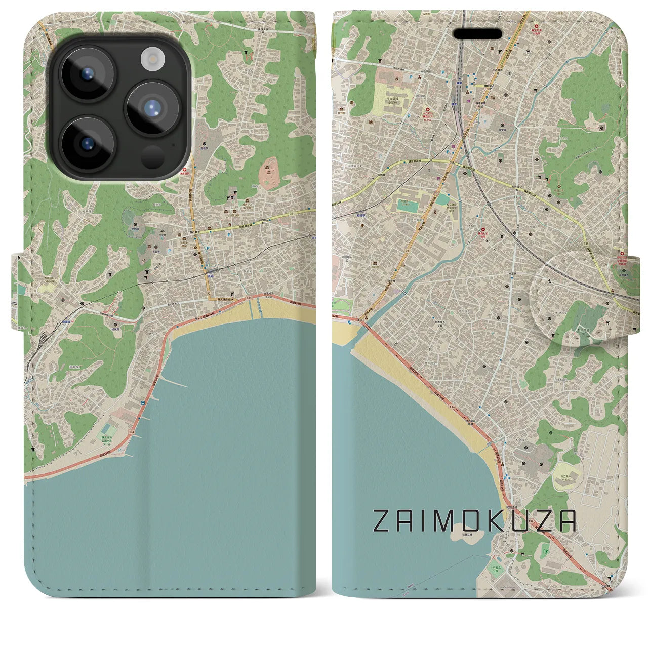 【材木座(神奈川県)】地図柄iPhoneケース(手帳タイプ)ナチュラル・iPhone 15 Pro Max 用