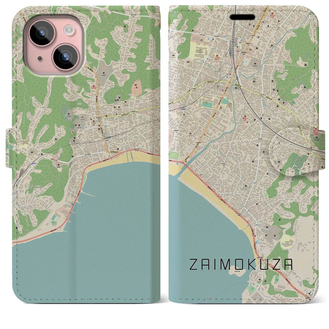 【材木座(神奈川県)】地図柄iPhoneケース(手帳タイプ)ナチュラル・iPhone 15 Plus 用