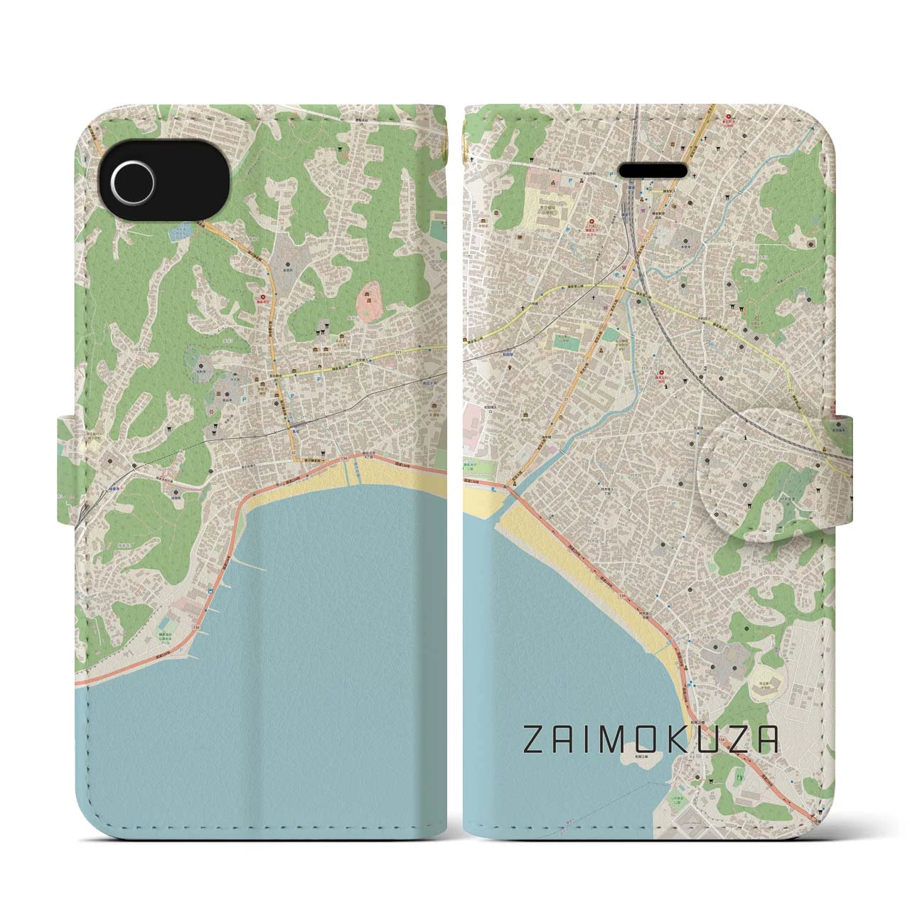 【材木座(神奈川県)】地図柄iPhoneケース(手帳タイプ)ナチュラル・iPhone SE(第3 / 第2世代) / 8 / 7 / 6s / 6 用