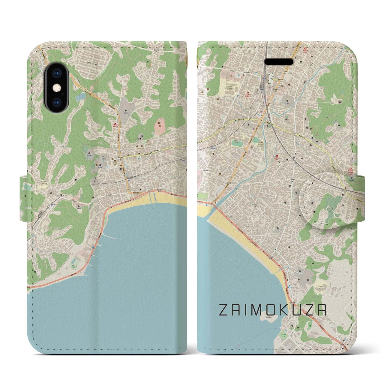 【材木座(神奈川県)】地図柄iPhoneケース(手帳タイプ)ナチュラル・iPhone XS / X 用