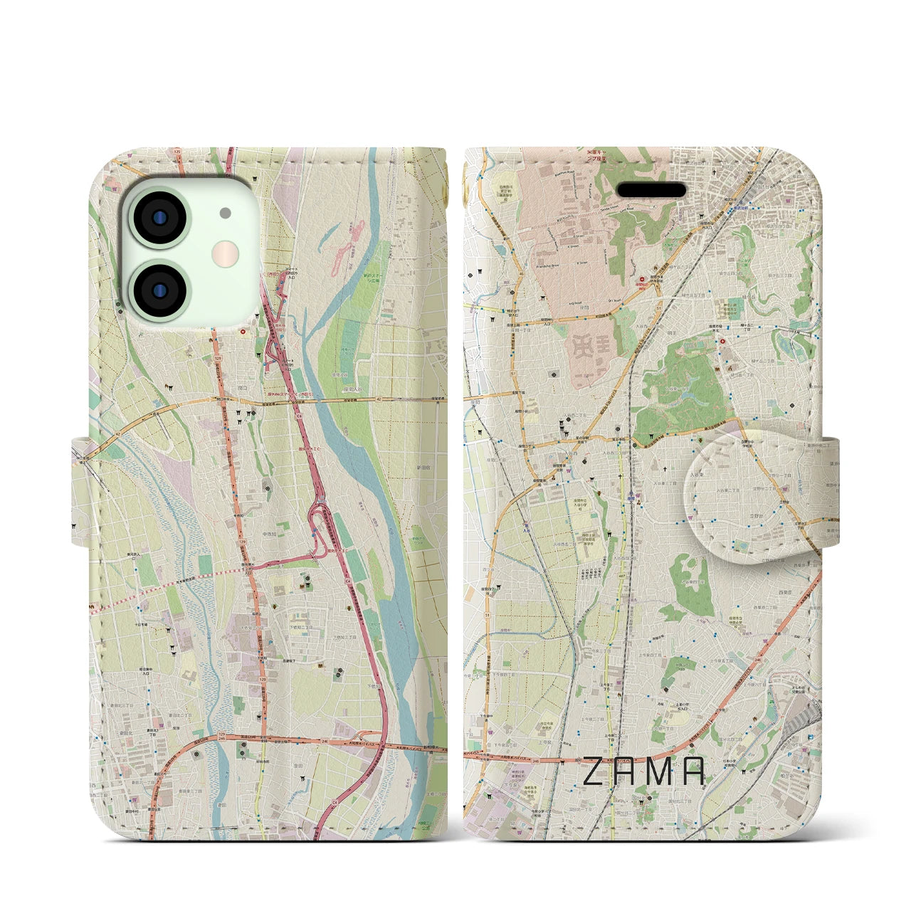【座間(神奈川県)】地図柄iPhoneケース(手帳タイプ)ナチュラル・iPhone 12 mini 用