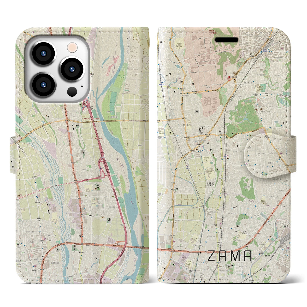 【座間(神奈川県)】地図柄iPhoneケース(手帳タイプ)ナチュラル・iPhone 13 Pro 用