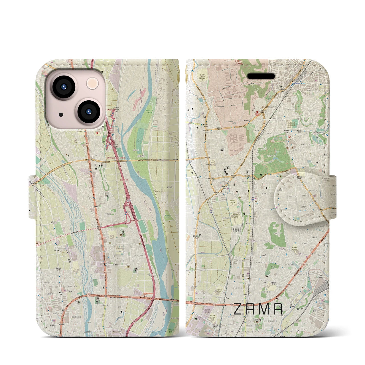 【座間(神奈川県)】地図柄iPhoneケース(手帳タイプ)ナチュラル・iPhone 13 mini 用