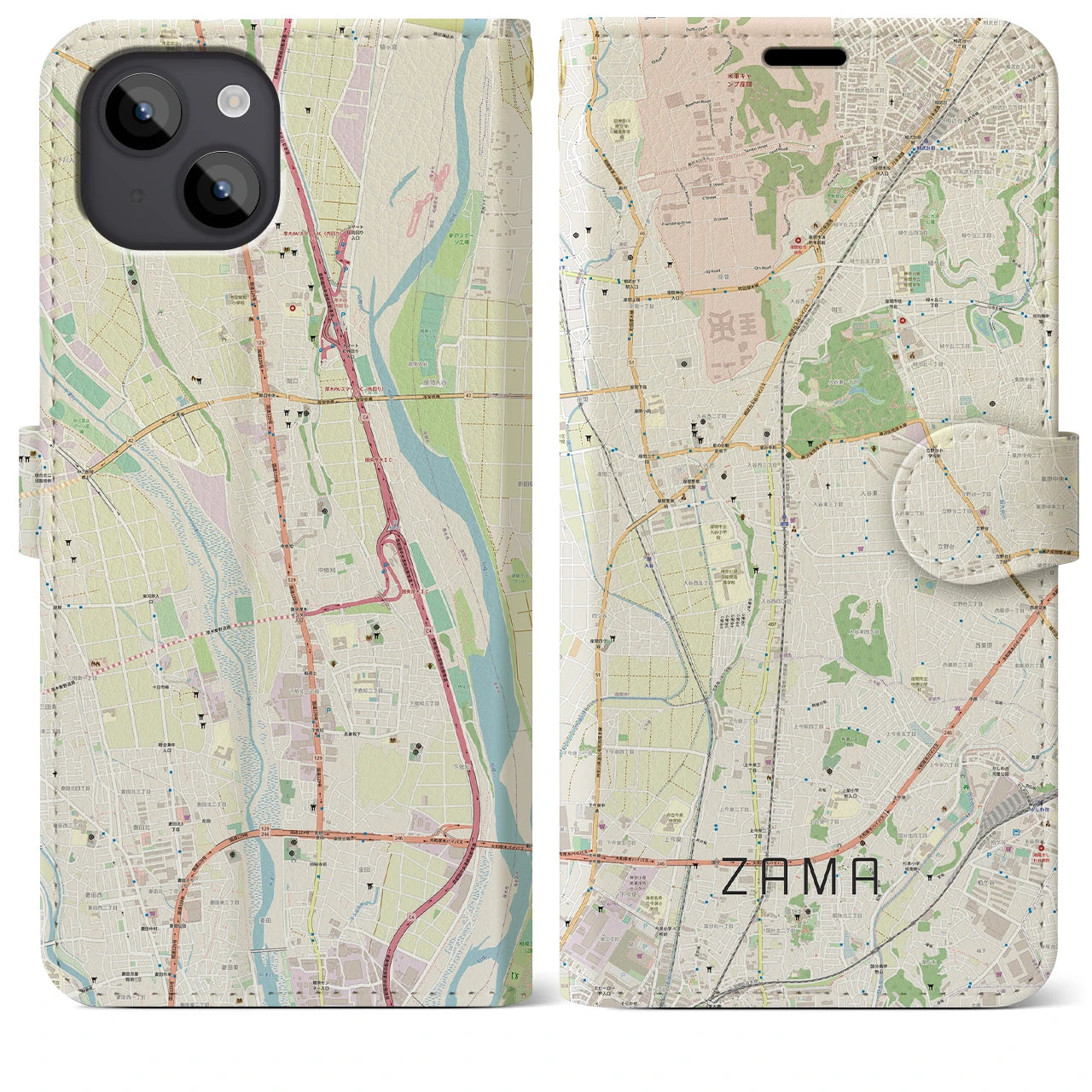 【座間(神奈川県)】地図柄iPhoneケース(手帳タイプ)ナチュラル・iPhone 14 Plus 用