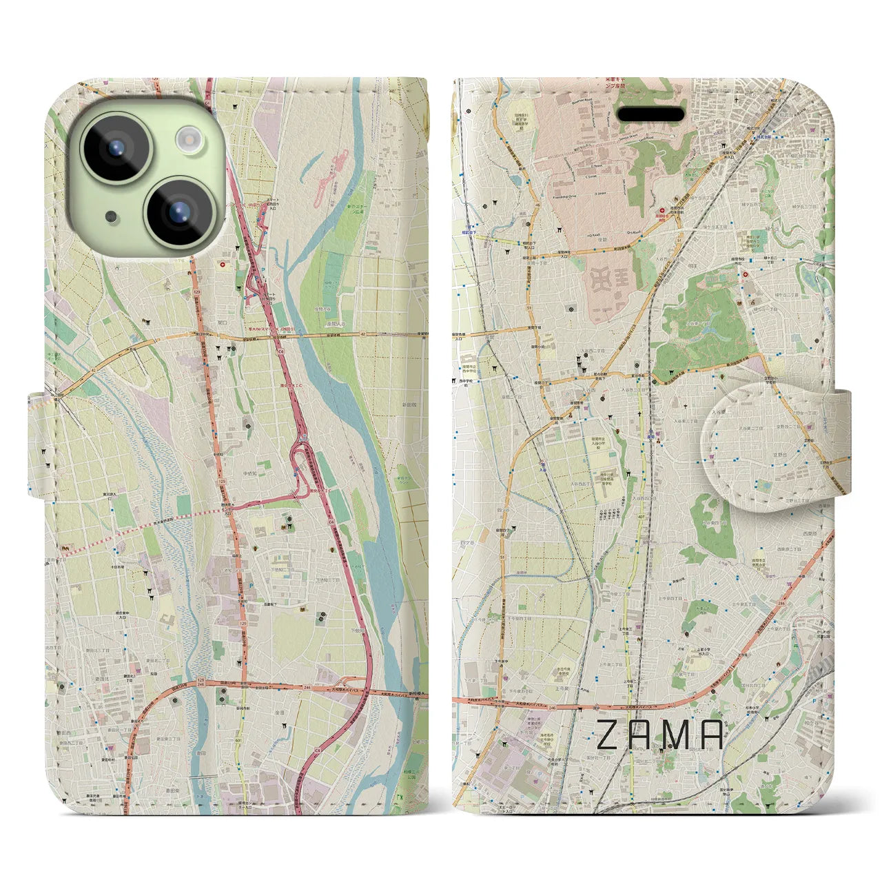 【座間(神奈川県)】地図柄iPhoneケース(手帳タイプ)ナチュラル・iPhone 15 用