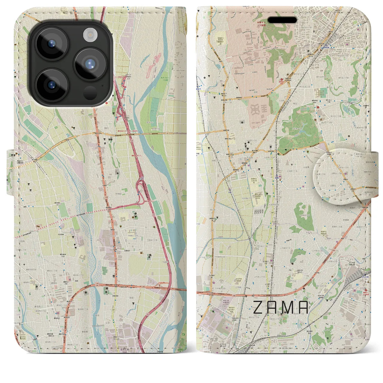 【座間(神奈川県)】地図柄iPhoneケース(手帳タイプ)ナチュラル・iPhone 15 Pro Max 用