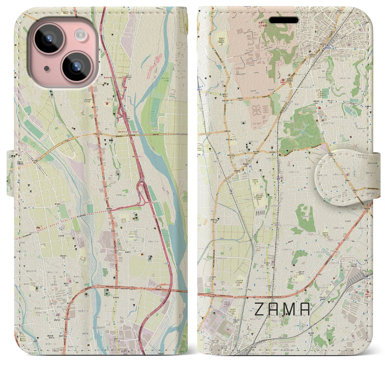 【座間(神奈川県)】地図柄iPhoneケース(手帳タイプ)ナチュラル・iPhone 15 Plus 用